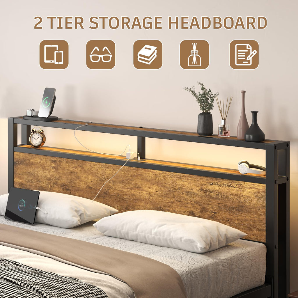 King Size Bed Frame with LED Light and Charging Station O284