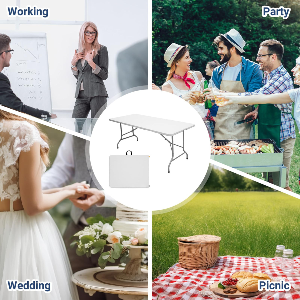 6ft Heavy Duty White Folding Table with Carrying Handle U554