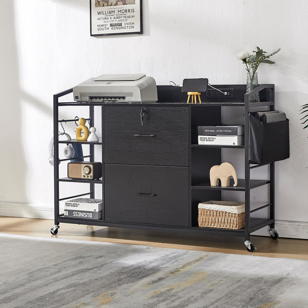 45" Black 2 Drawer File Cabinet with Lock and Power Outlet D8996