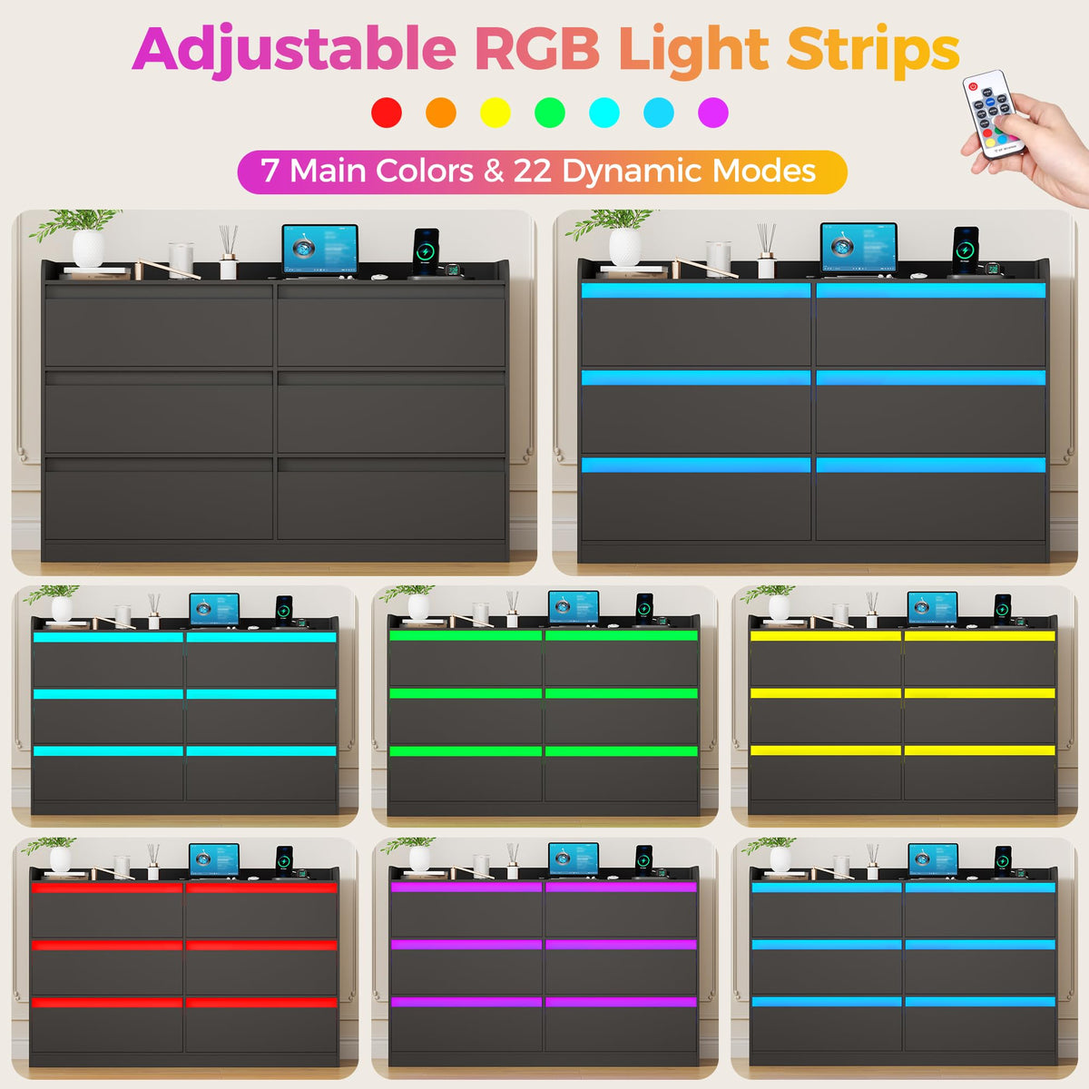 Black Dresser with Power Outlet and LED Lights R2778