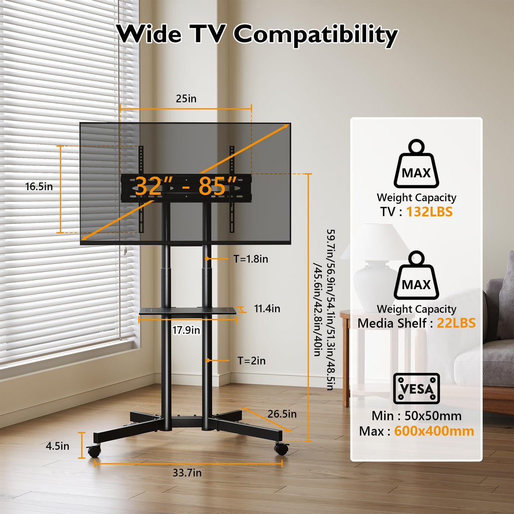 Rolling TV Stand with Tilt, Black X260