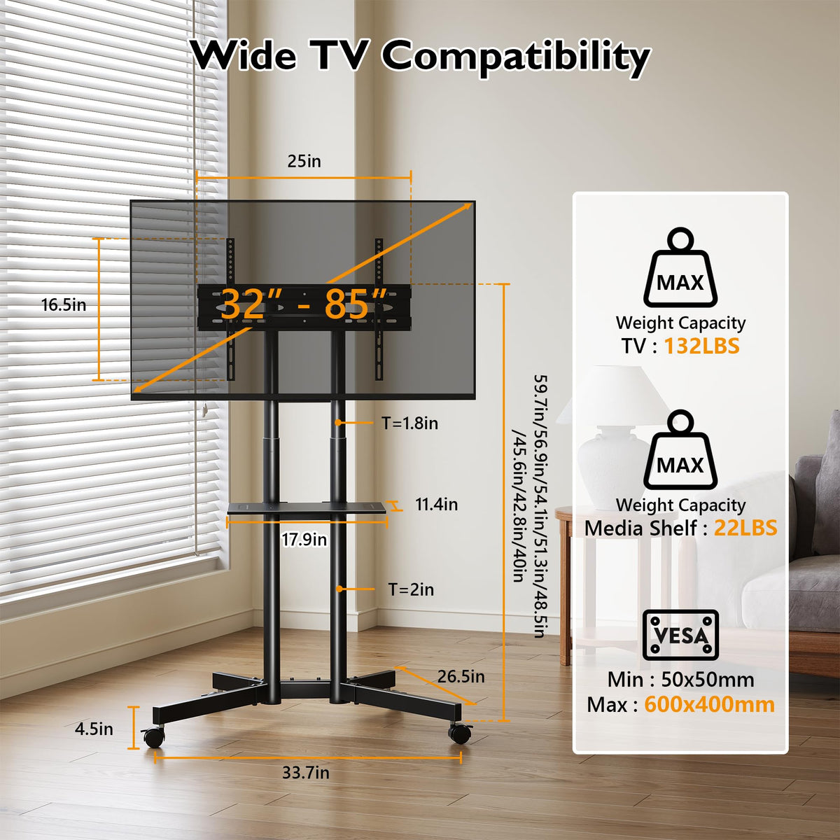 Rolling TV Stand with Tilt, Black X260