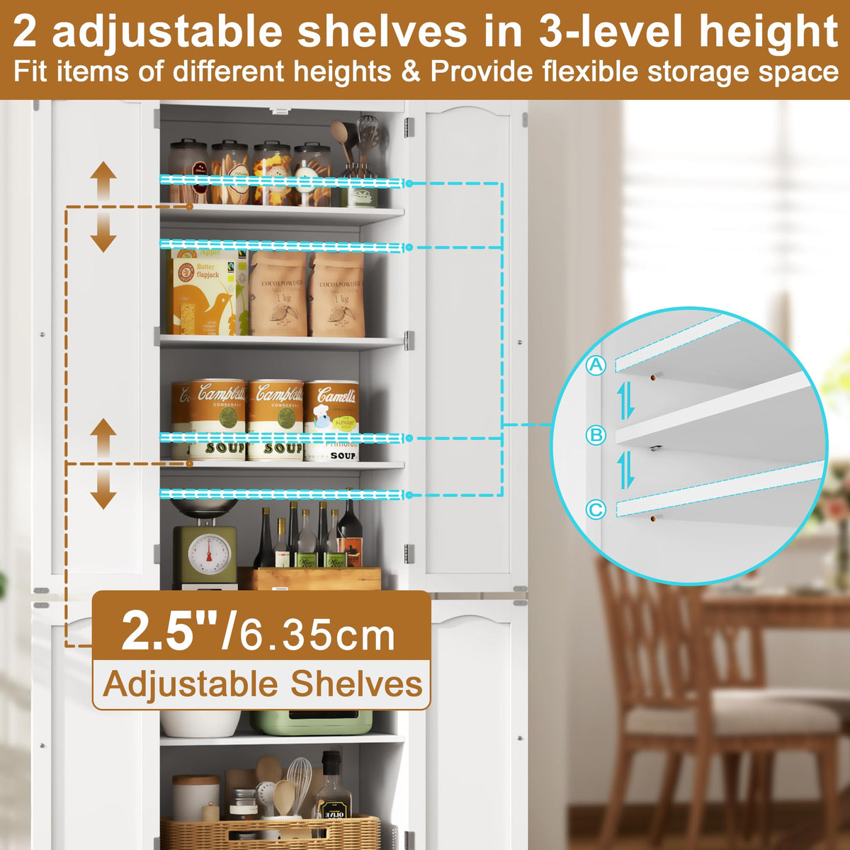 White 72" Kitchen Pantry Cabinet with Doors and Adjustable Shelves D7493