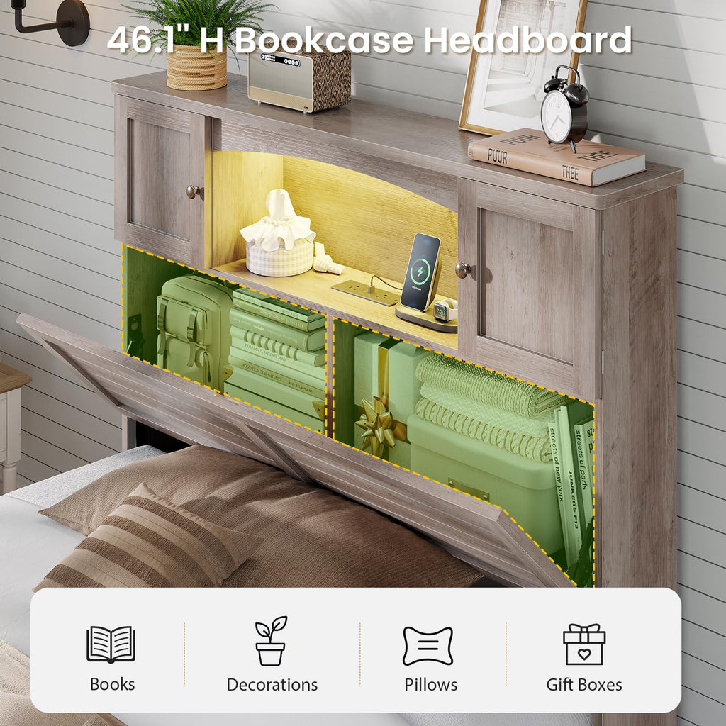 Twin Size Wood Platform Bed Frame with Bookcase Storage Headboard and 4 Drawers M433024