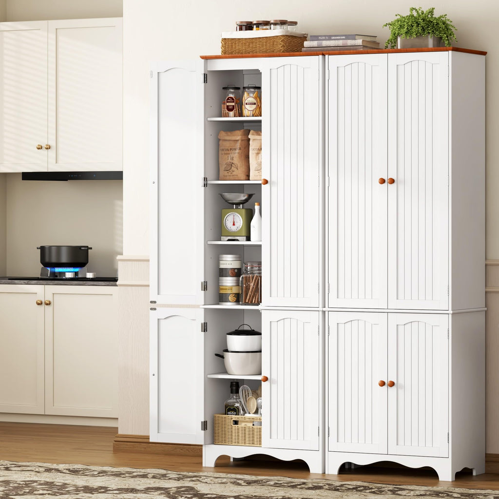 White 72" Kitchen Pantry Cabinet with Doors and Adjustable Shelves D7493