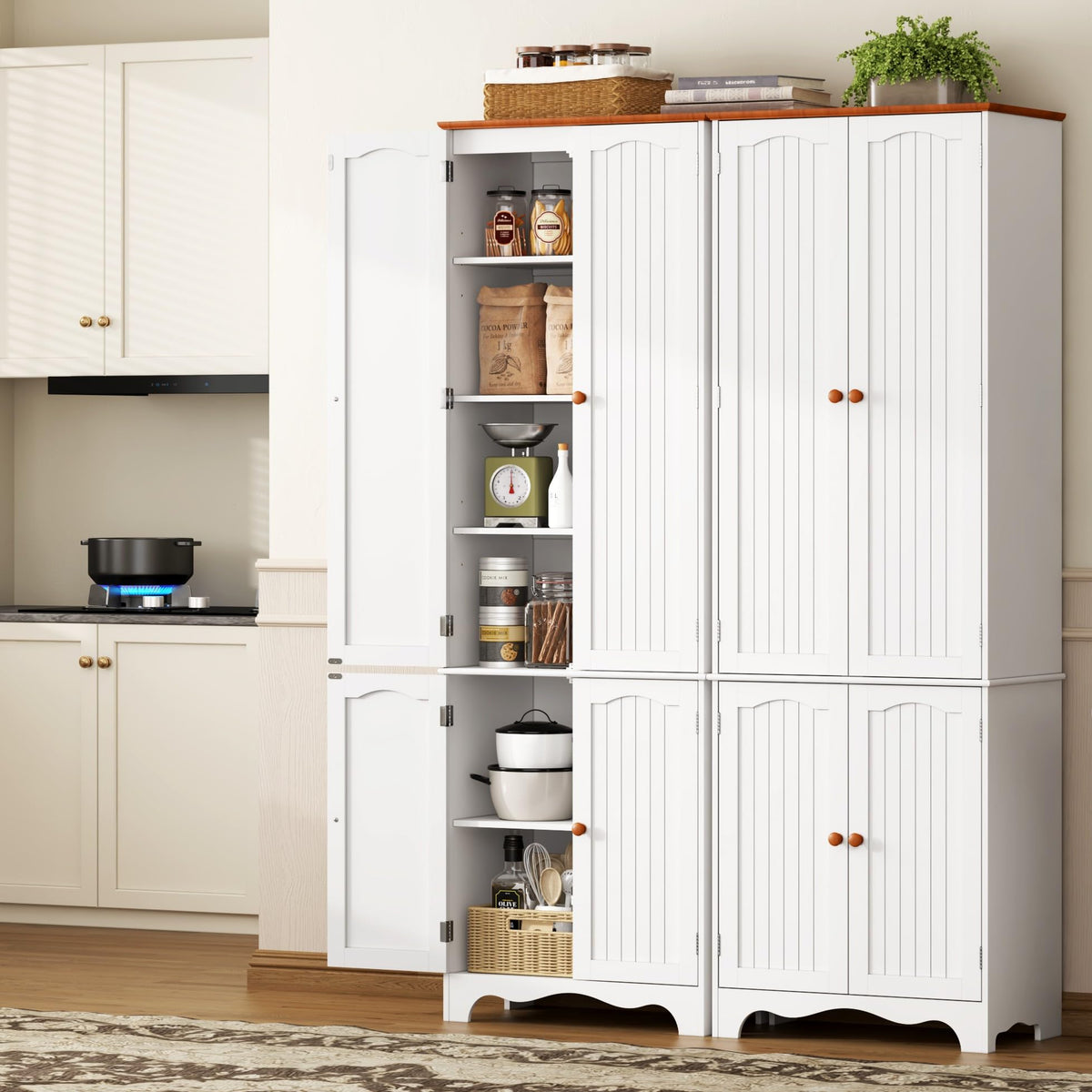 White 72" Kitchen Pantry Cabinet with Doors and Adjustable Shelves D7493