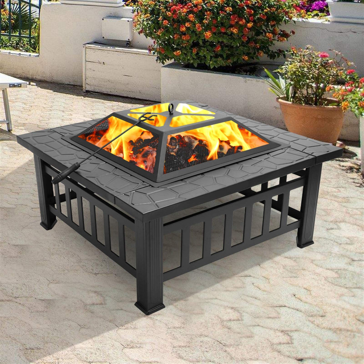 32-inch Metal Outdoor Fire Pit with Fireplace Screen C943