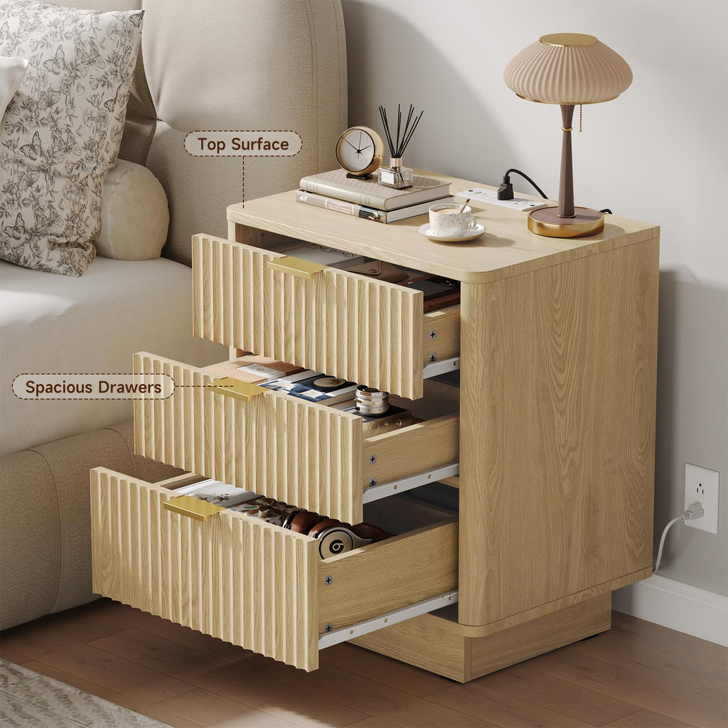 Natural 3 Drawer Nightstand with Charging Station A14932