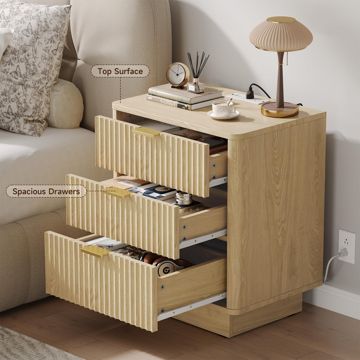 Natural 3 Drawer Nightstand with Charging Station A14932