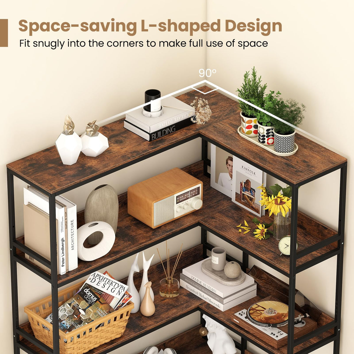 5-Tier L-Shaped Bookshelf with Metal Frame S907
