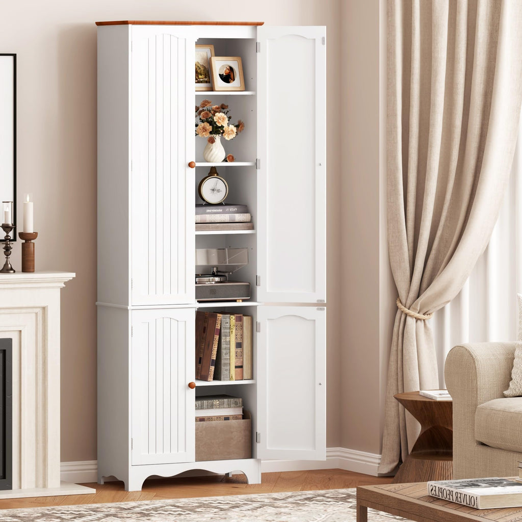 White 72" Kitchen Pantry Cabinet with Doors and Adjustable Shelves D7493