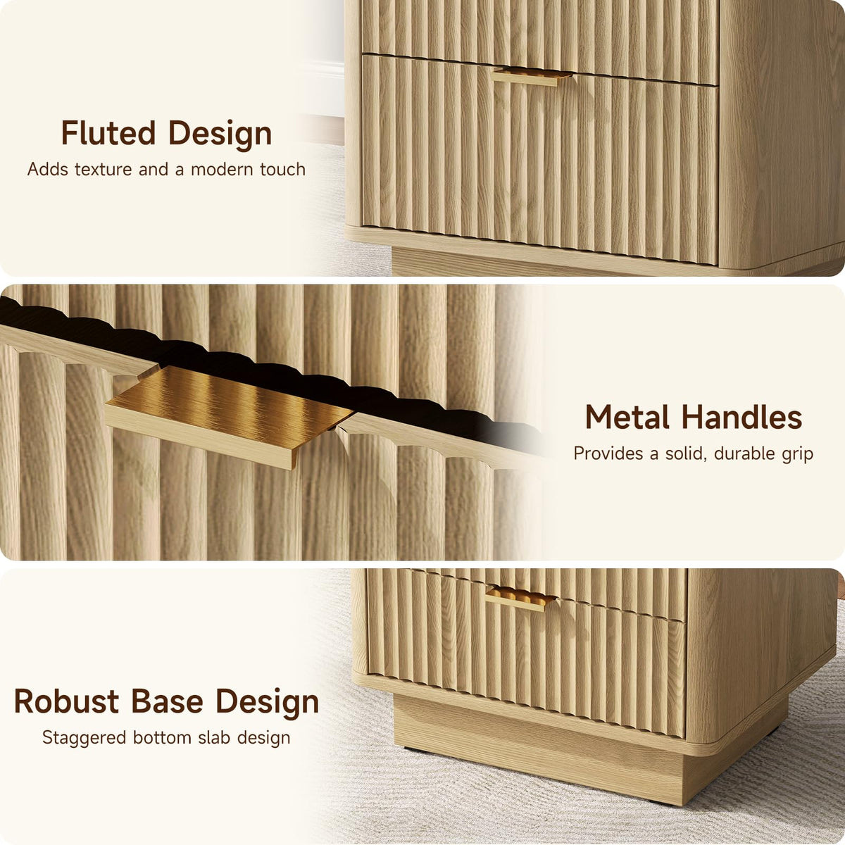 Natural 3 Drawer Nightstand with Charging Station A14932