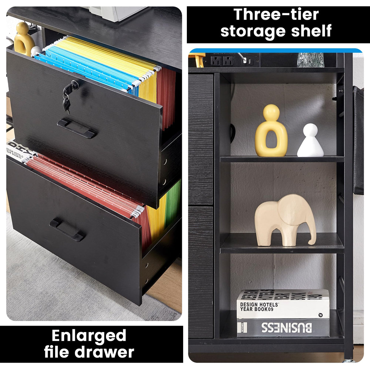 45" Black 2 Drawer File Cabinet with Lock and Power Outlet D8996