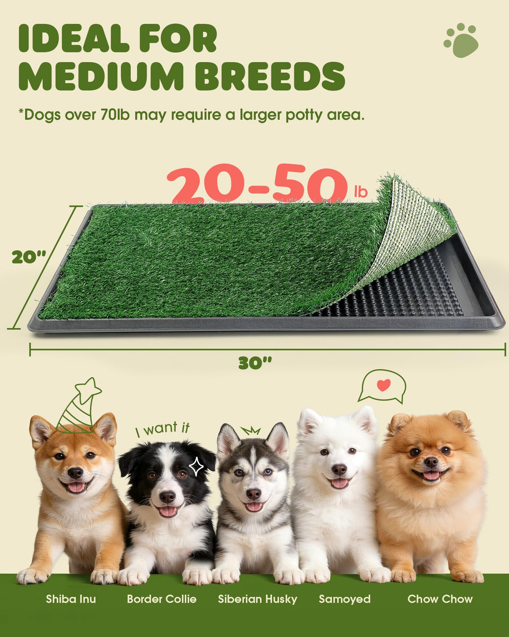 Grass Pad for Dogs Potty, 3-Layer Reusable, Washable, 30 x 20 in A854683