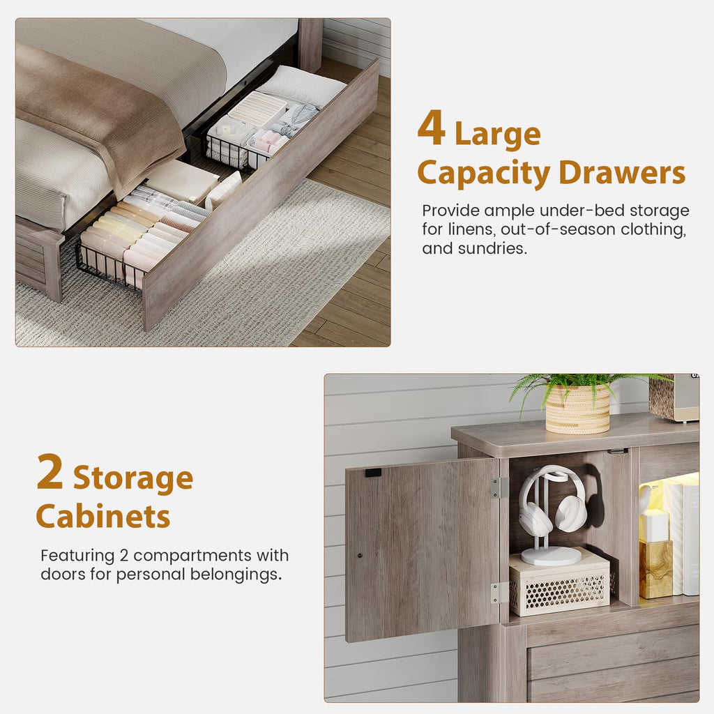 Twin Size Wood Platform Bed Frame with Bookcase Storage Headboard and 4 Drawers M433024