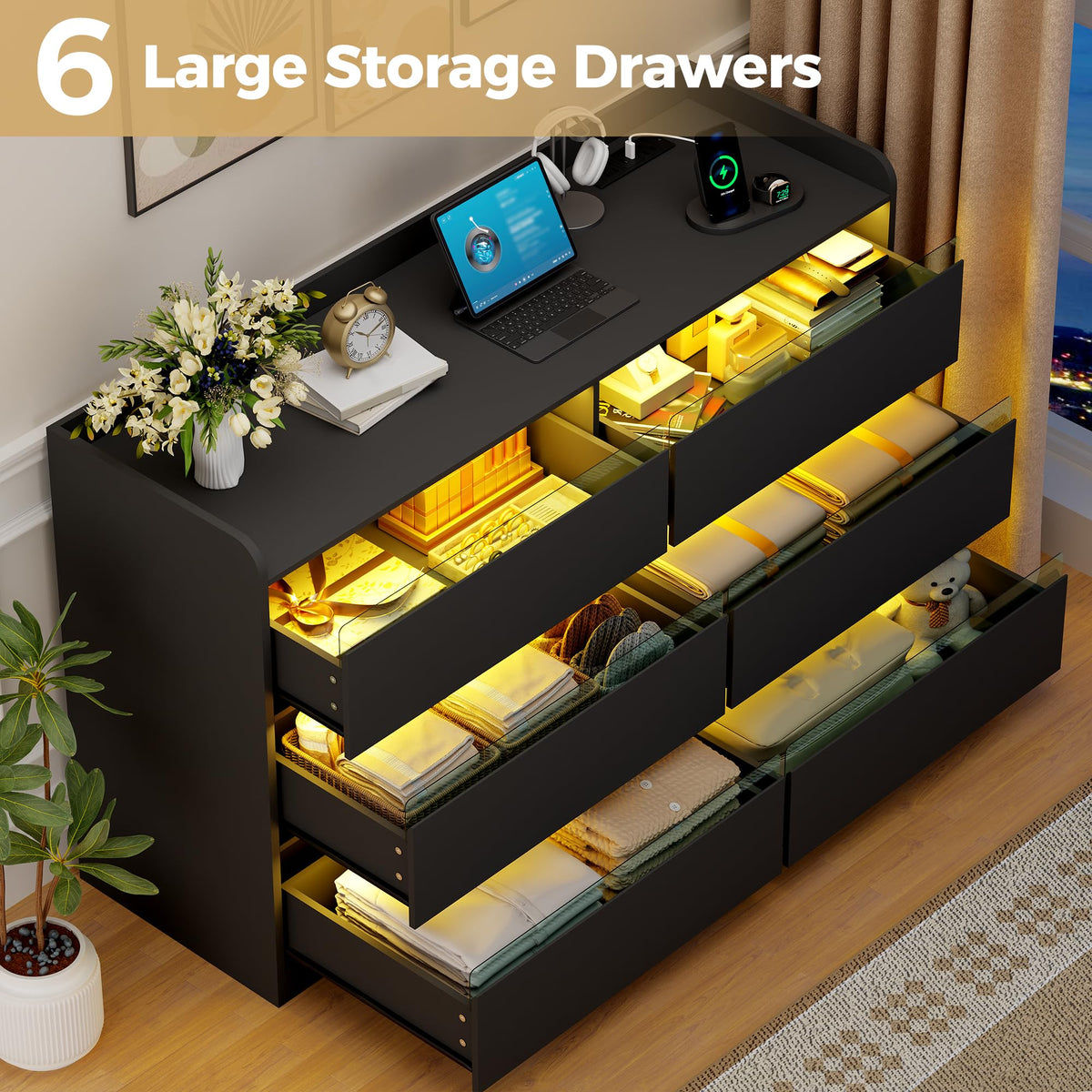 Black Dresser with Power Outlet and LED Lights R2778