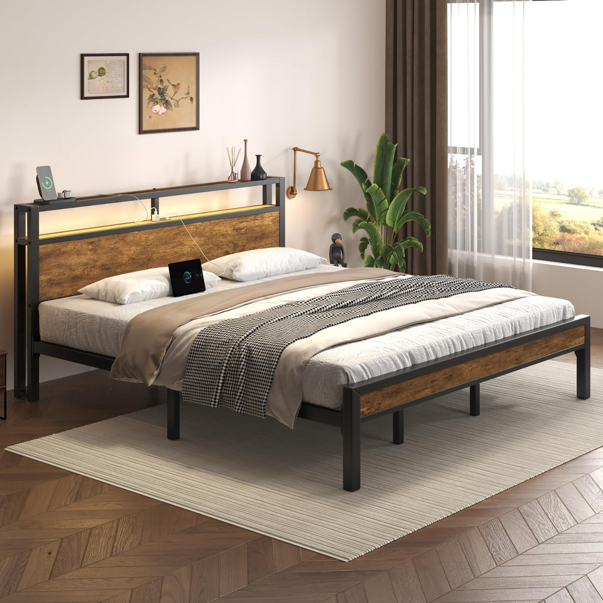 King Size Bed Frame with LED Light and Charging Station O284