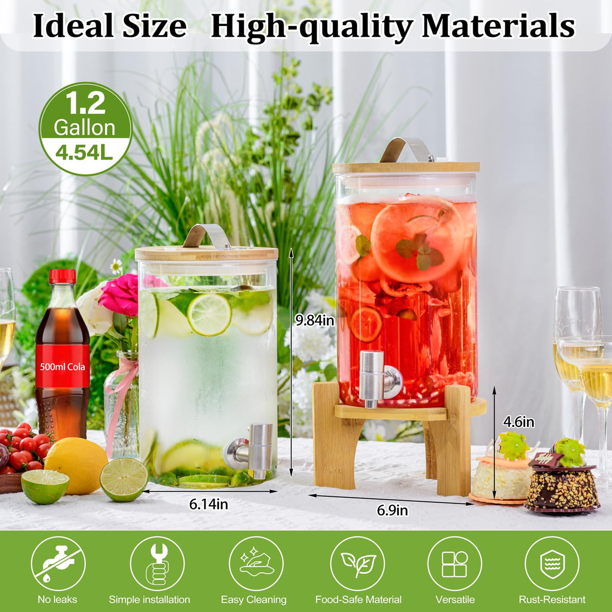 1.2 Gallon Glass Drink Dispenser with Stand and Spigot, 2 Pack B3476