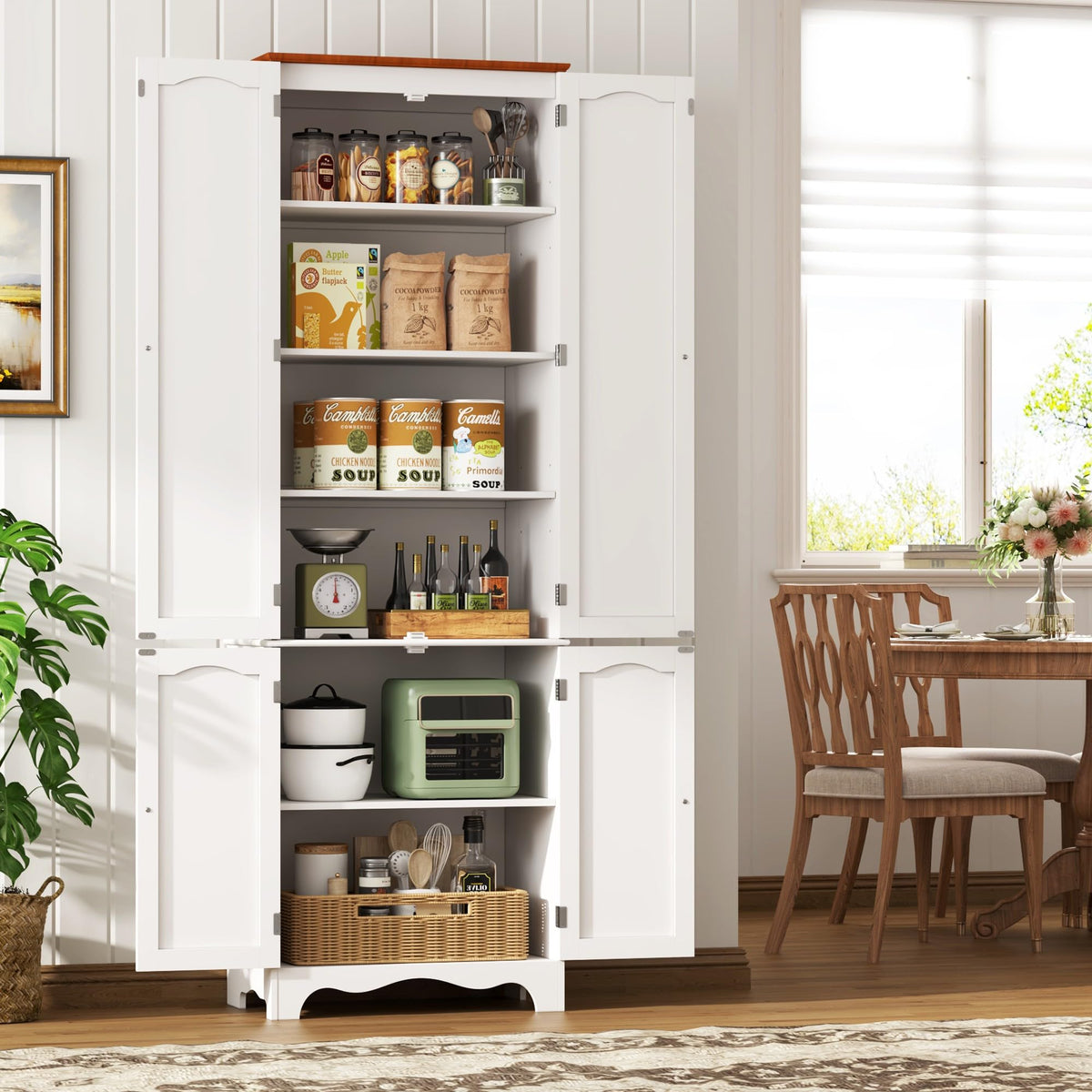 White 72" Kitchen Pantry Cabinet with Doors and Adjustable Shelves D7493