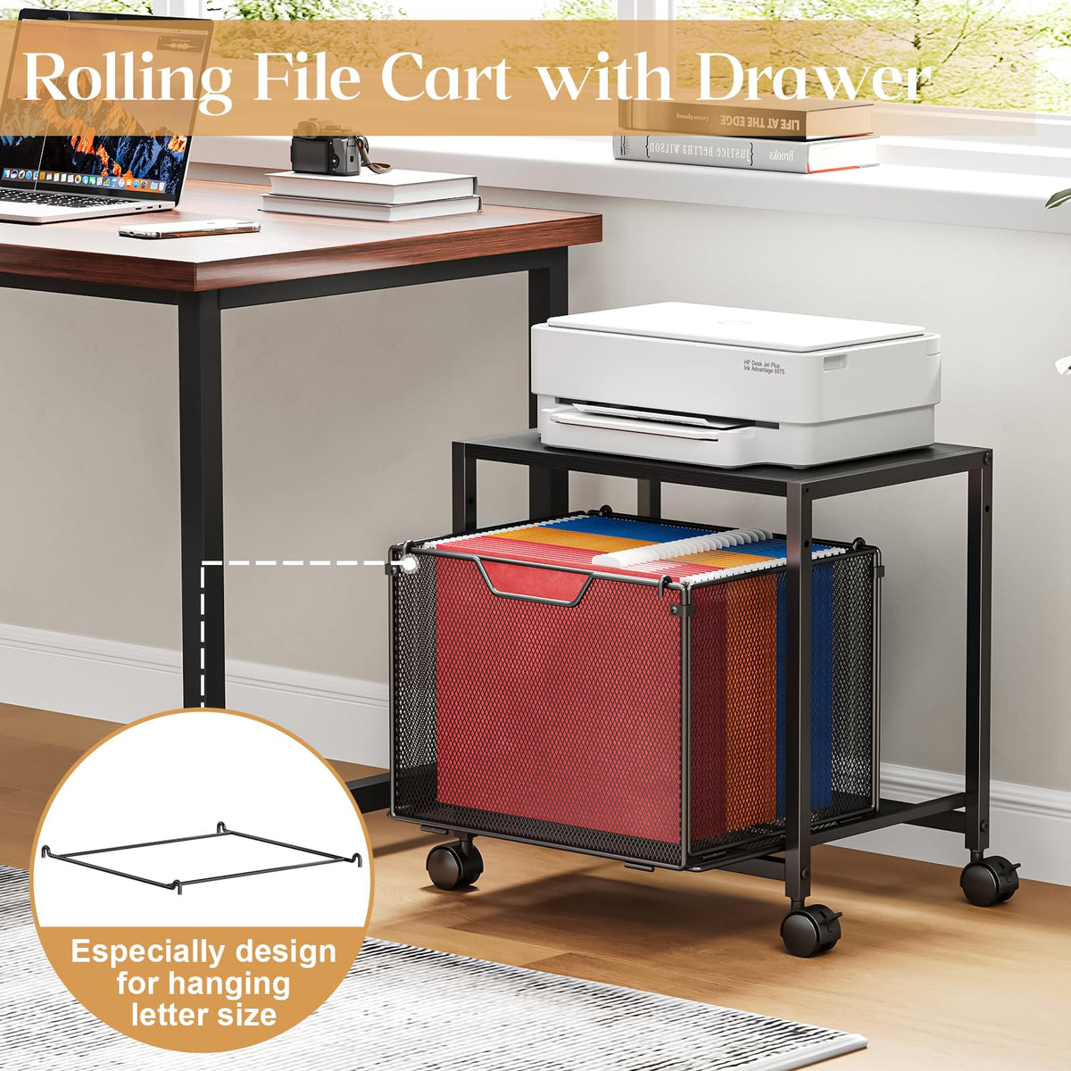 Black Rolling Printer Stand with Drawer T13398