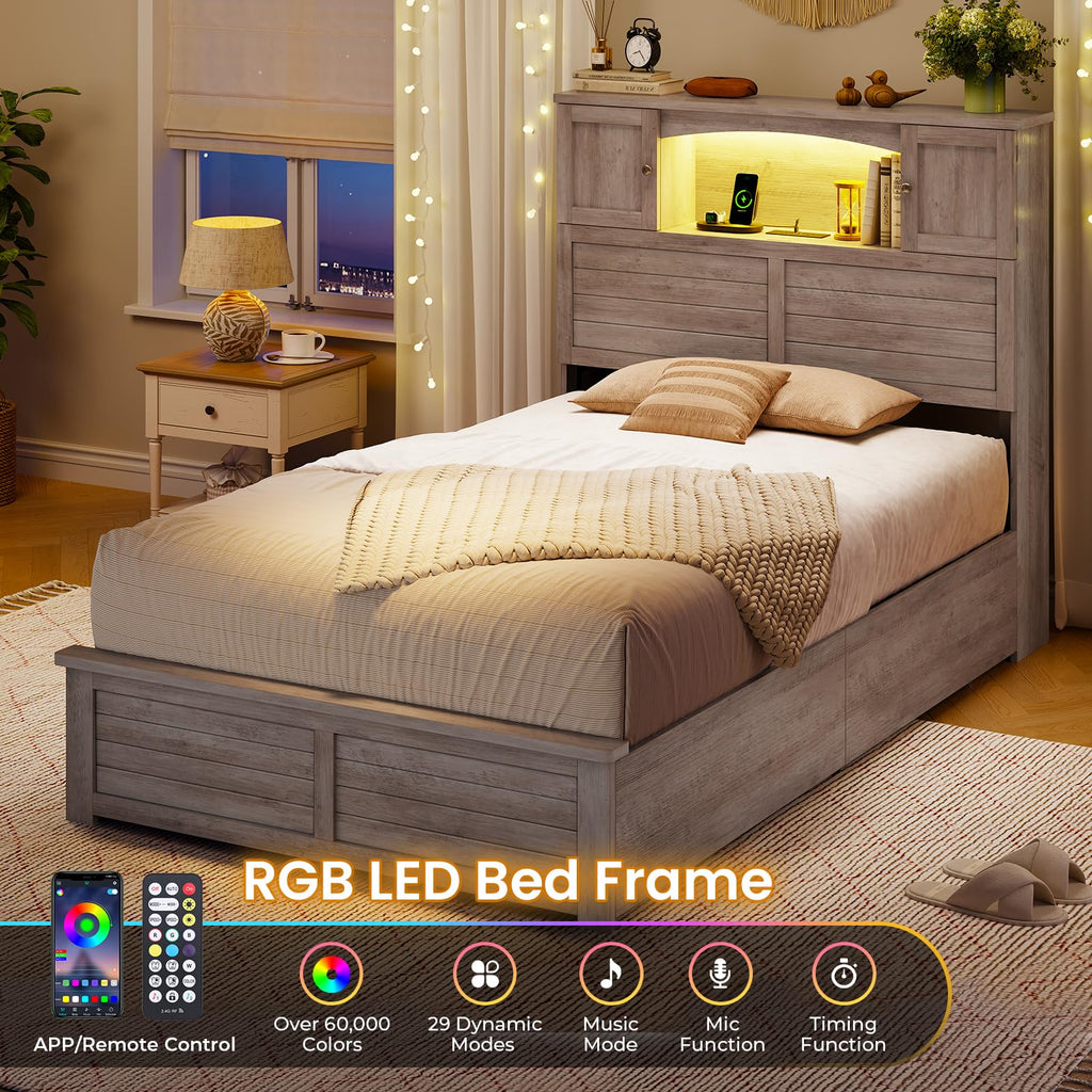 Twin Size Wood Platform Bed Frame with Bookcase Storage Headboard and 4 Drawers M433024
