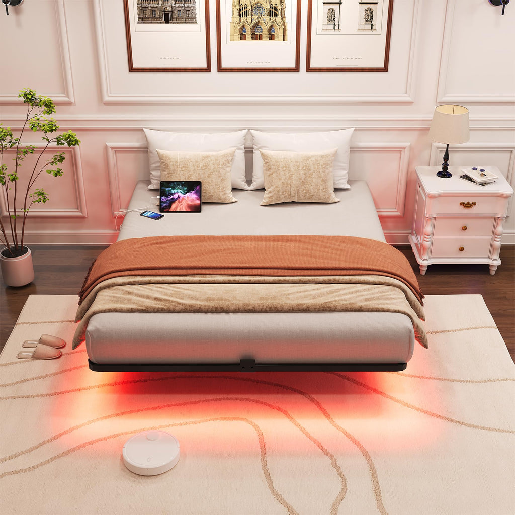 Queen Metal Platform Bed Frame with LED Lights and Charging Station J518615