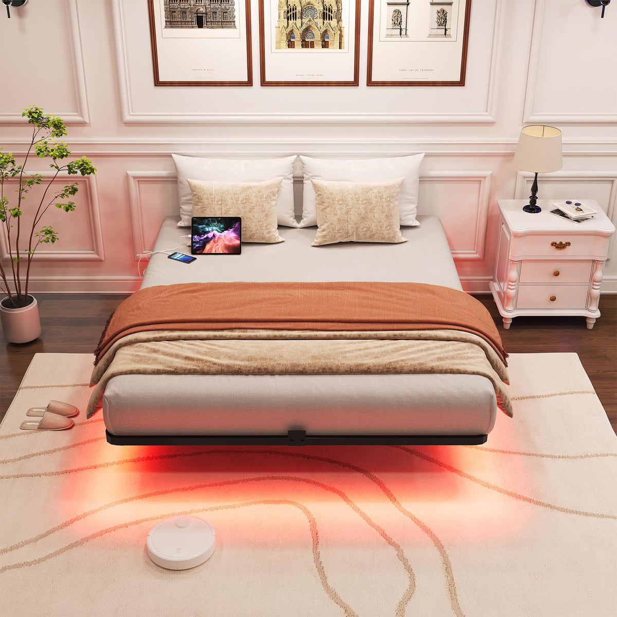 Queen Metal Platform Bed Frame with LED Lights and Charging Station J518615