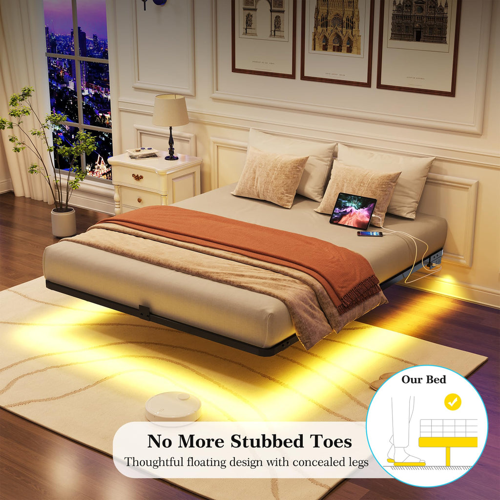 Queen Metal Platform Bed Frame with LED Lights and Charging Station J518615