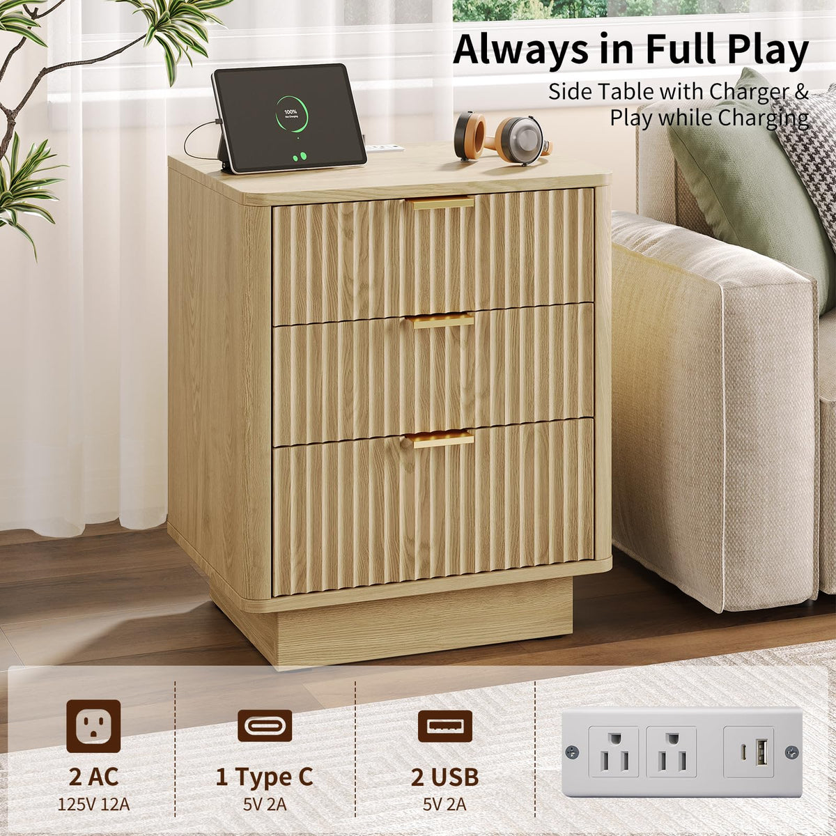 Natural 3 Drawer Nightstand with Charging Station A14932
