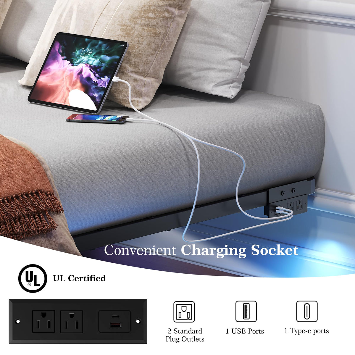 Queen Metal Platform Bed Frame with LED Lights and Charging Station J518615