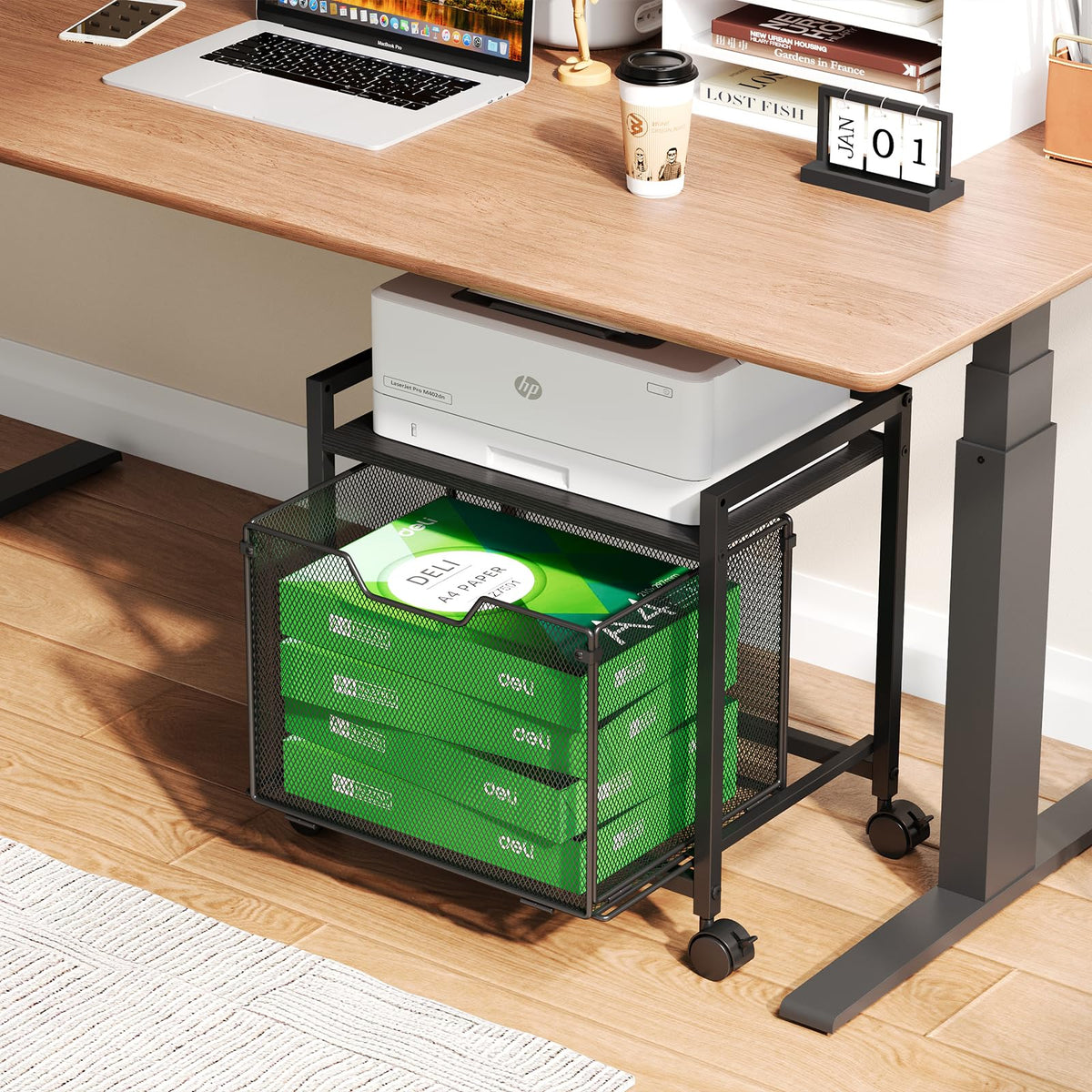 Black Rolling Printer Stand with Drawer T13398