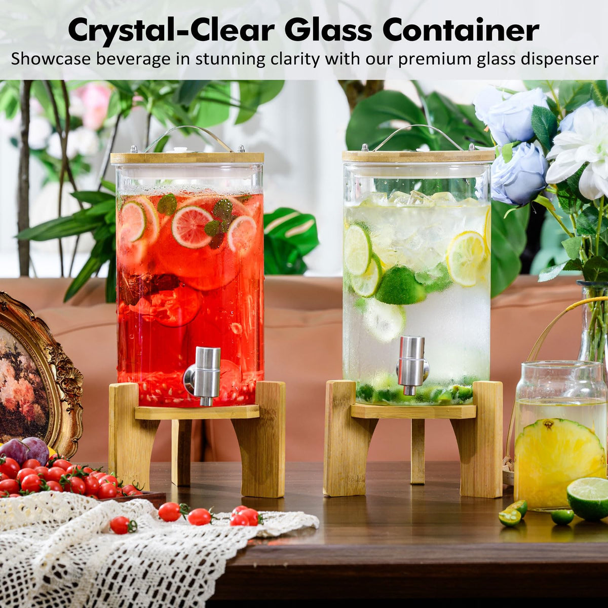 1.2 Gallon Glass Drink Dispenser with Stand and Spigot, 2 Pack B3476