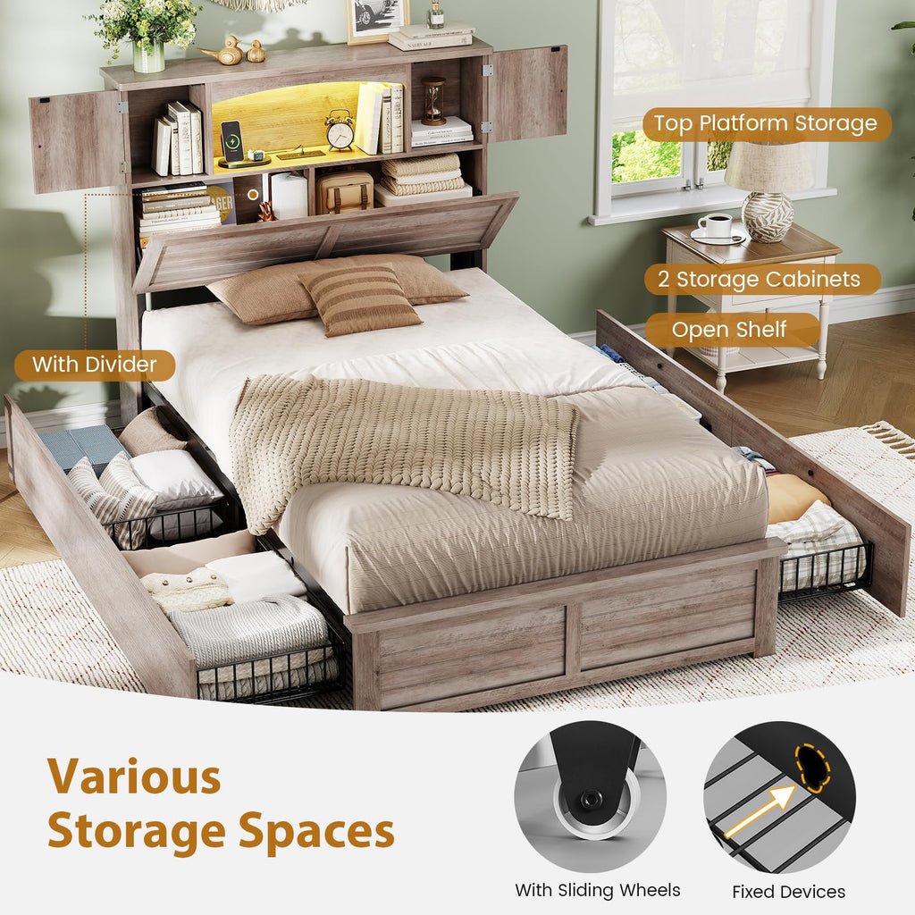 Twin Size Wood Platform Bed Frame with Bookcase Storage Headboard and 4 Drawers M433024
