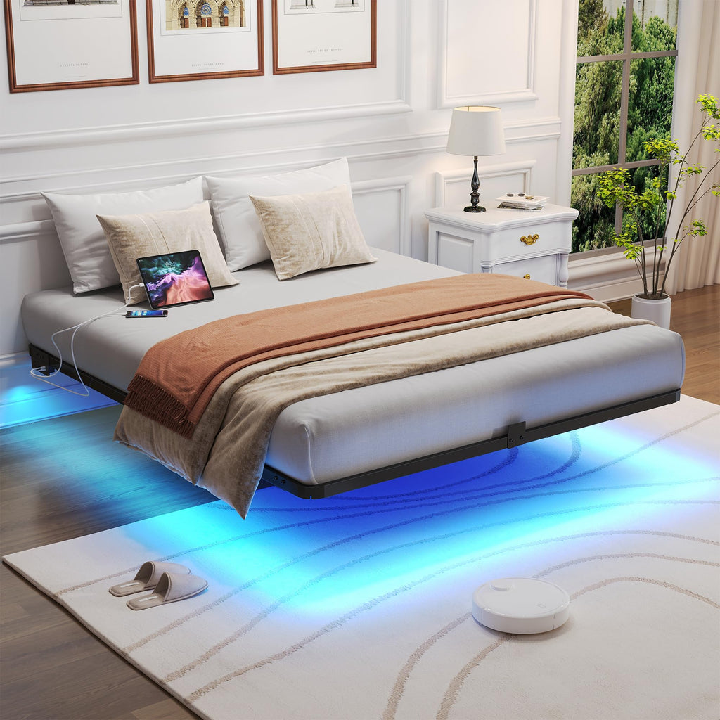 Queen Metal Platform Bed Frame with LED Lights and Charging Station J518615