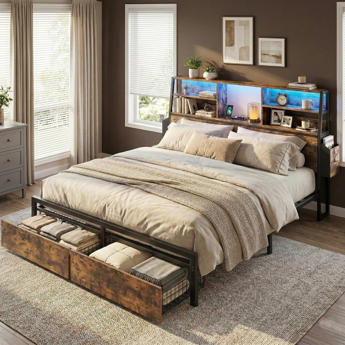 Queen Bed Frame with Storage Headboard and 2 Drawers M998
