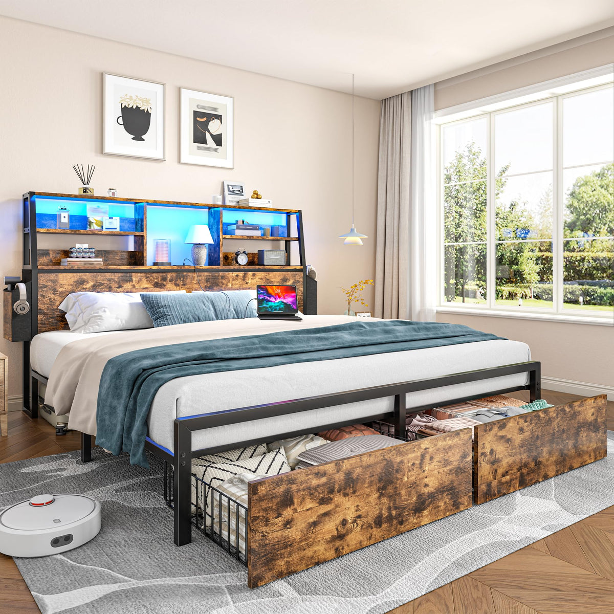 Queen Bed Frame with Storage Headboard and 2 Drawers M998