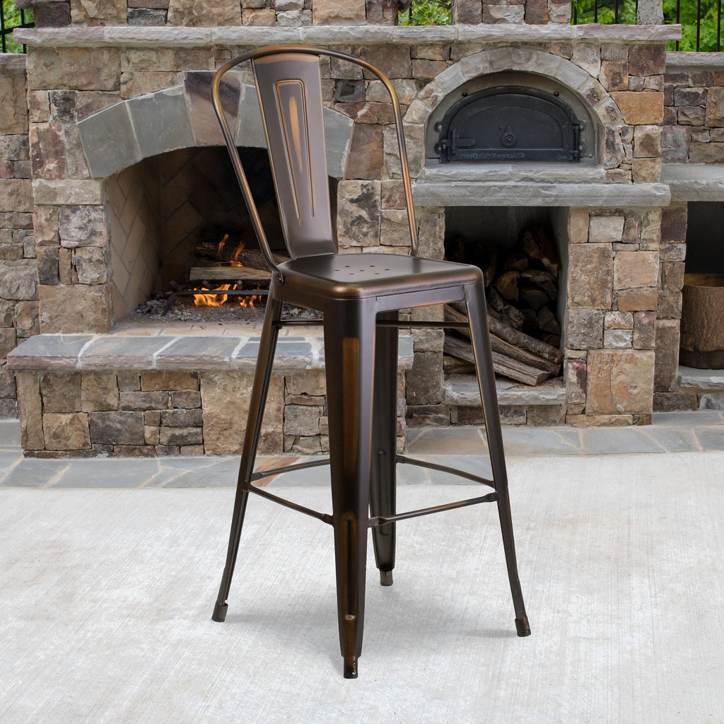 Distressed Copper Metal Indoor-Outdoor Barstool with Back M555700