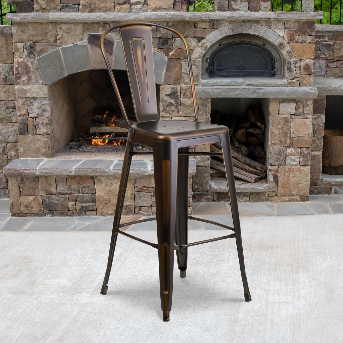 Distressed Copper Metal Indoor-Outdoor Barstool with Back M555700