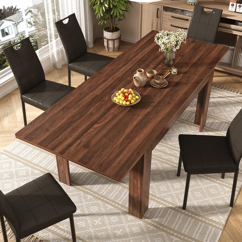 7 Piece Walnut Dining Table and Black Chairs Set V11385