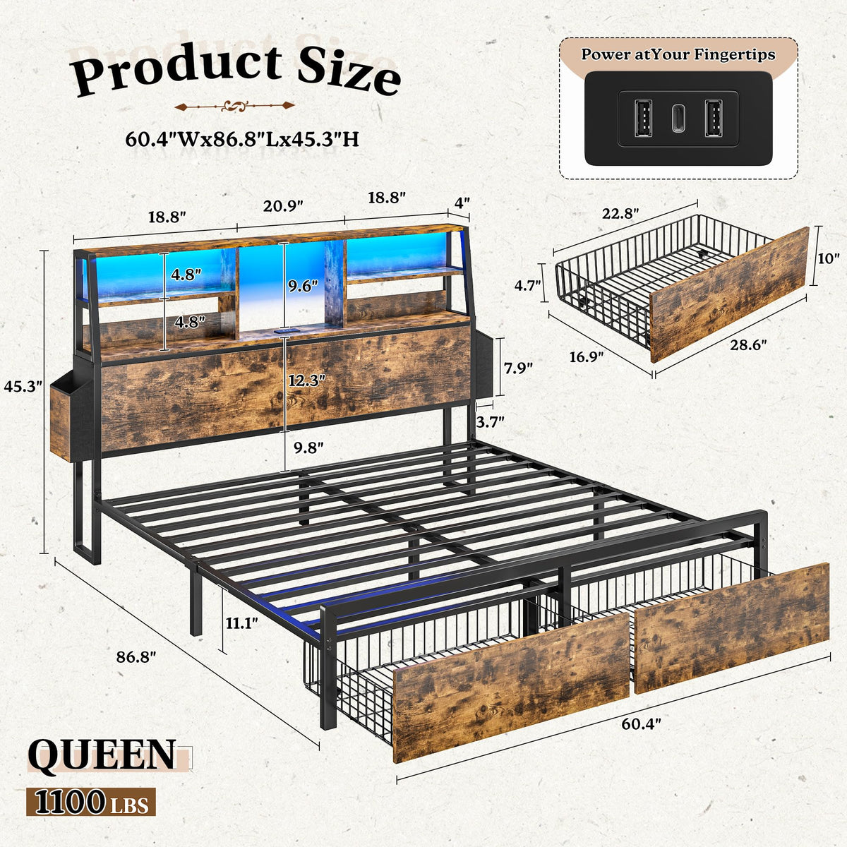 Queen Bed Frame with Storage Headboard and 2 Drawers M998