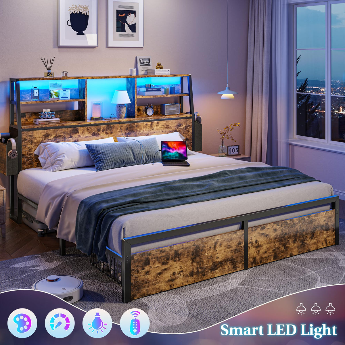Queen Bed Frame with Storage Headboard and 2 Drawers M998