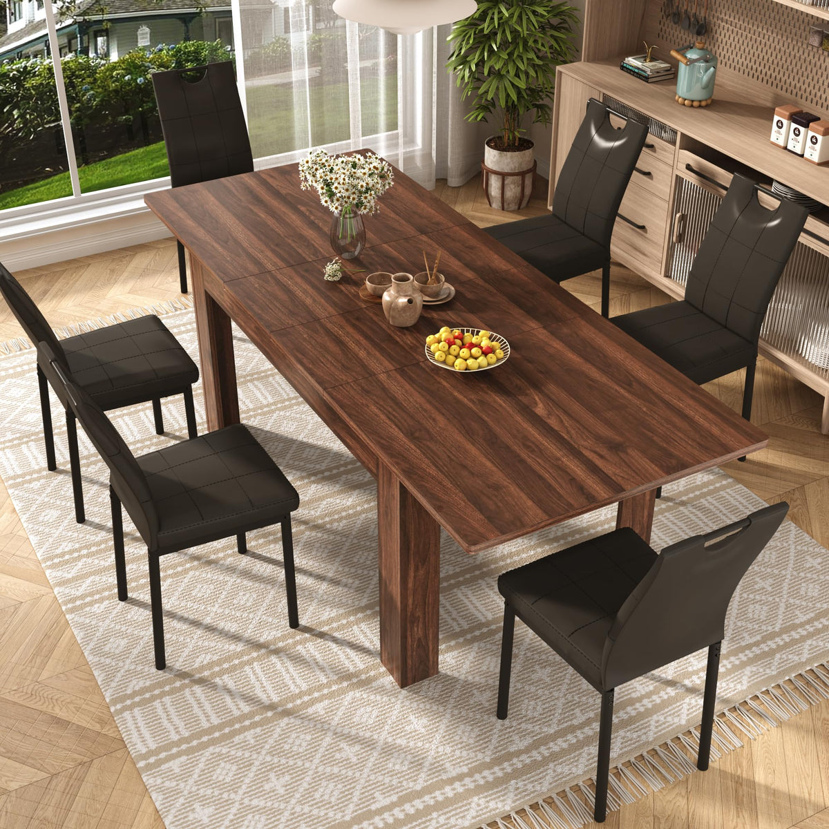 7 Piece Walnut Dining Table and Black Chairs Set V11385