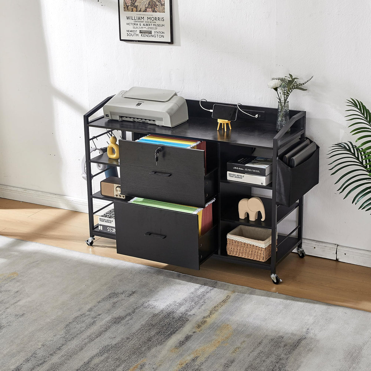 45" Black 2 Drawer File Cabinet with Lock and Power Outlet D8996