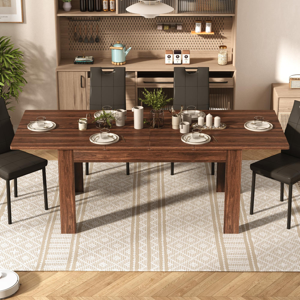 7 Piece Walnut Dining Table and Black Chairs Set V11385