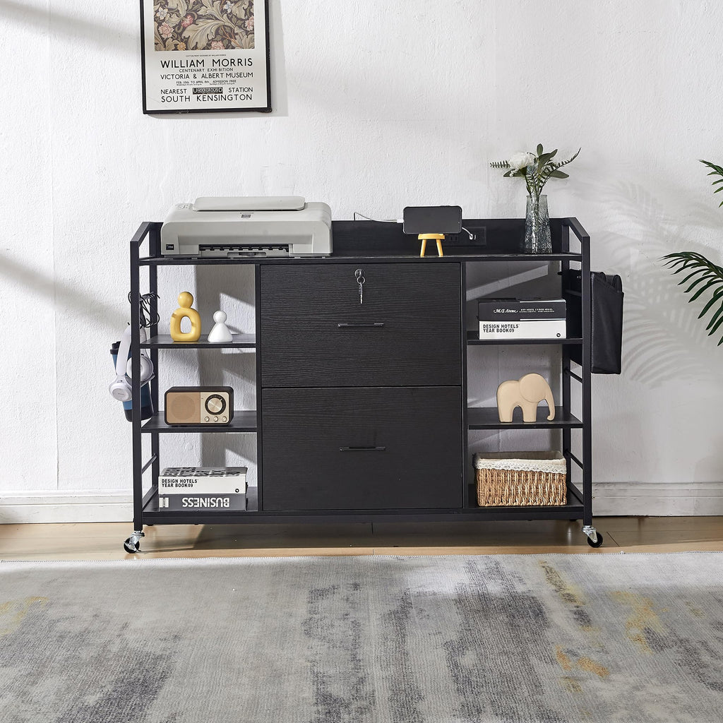 45" Black 2 Drawer File Cabinet with Lock and Power Outlet D8996