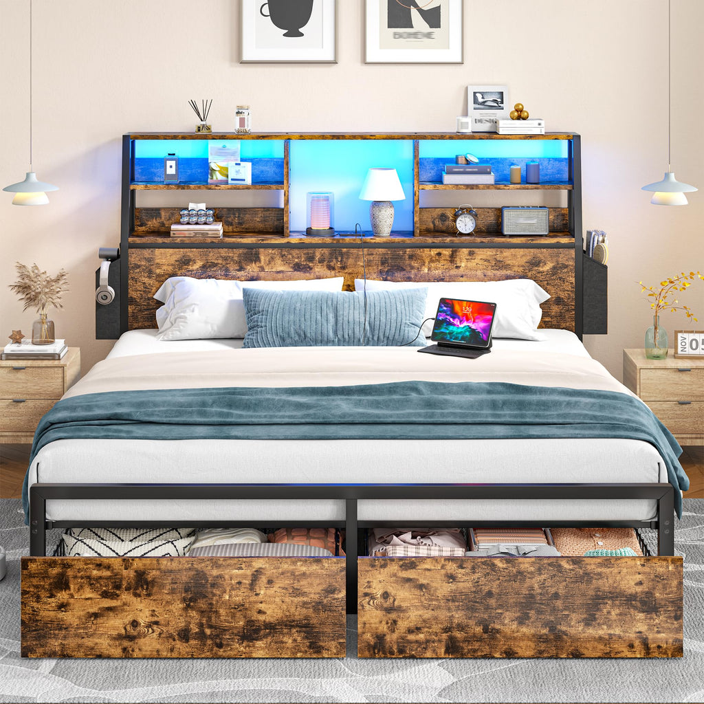 Queen Bed Frame with Storage Headboard and 2 Drawers M998